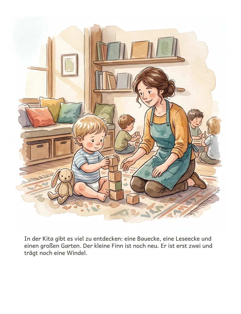 In der Kita gibt es viel zu entdecken: eine Bauecke, eine Leseecke und einen großen Garten. Der kleine Finn ist noch neu. Er ist erst zwei und trägt noch…