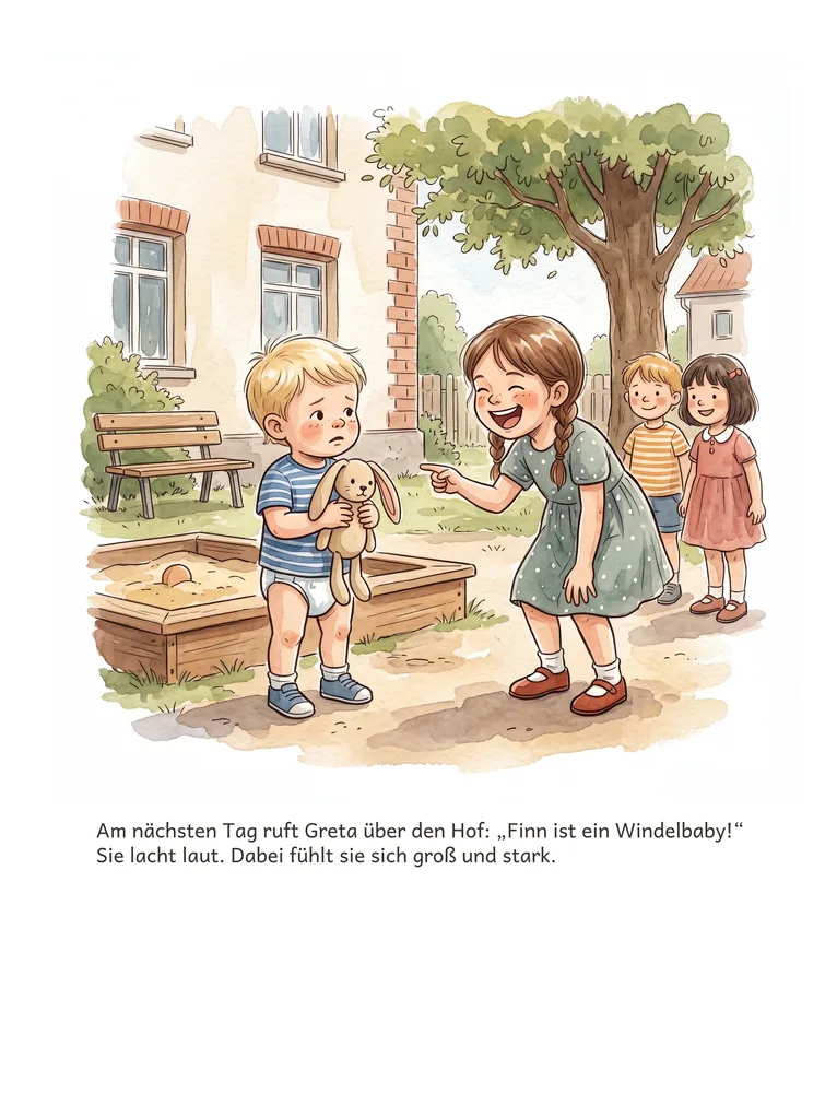 Am nächsten Tag ruft Greta über den Hof: „Finn ist ein Windelbaby!“ Sie lacht laut. Dabei fühlt sie sich groß und stark.