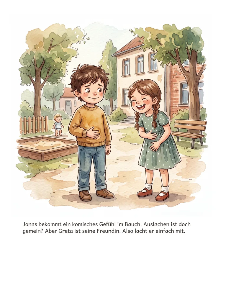 Jonas bekommt ein komisches Gefühl im Bauch. Auslachen ist doch gemein? Aber Greta ist seine Freundin. Also lacht er einfach mit.