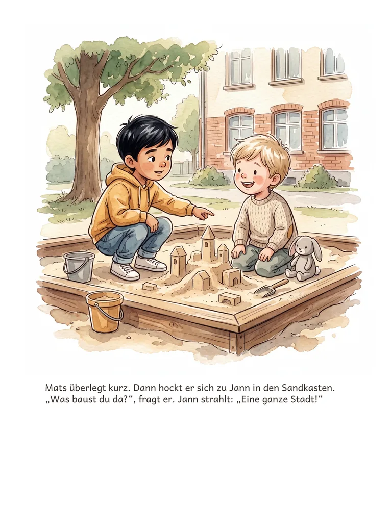 Mats überlegt kurz. Dann hockt er sich zu Jann in den Sandkasten. „Was baust du da?“, fragt er. Jann strahlt: „Eine ganze Stadt!“