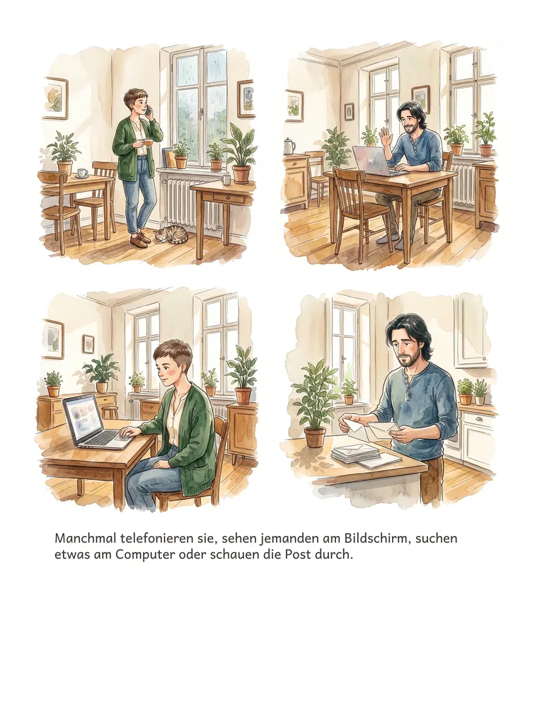 Manchmal telefonieren sie, sehen jemanden am Bildschirm, suchen etwas am Computer oder schauen die Post durch.