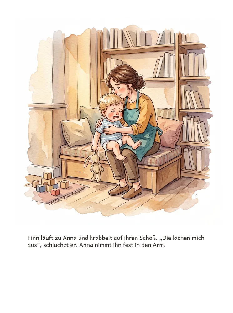 Finn läuft zu Anna und krabbelt auf ihren Schoß. „Die lachen mich aus“, schluchzt er. Anna nimmt ihn fest in den Arm.