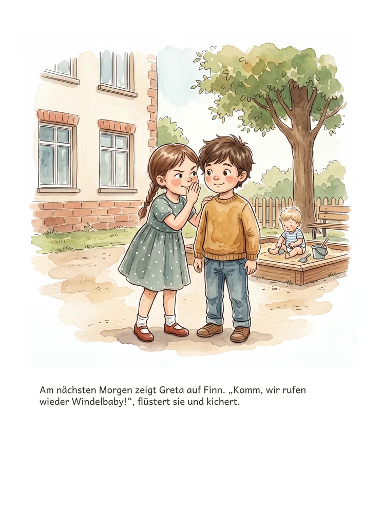 Am nächsten Morgen zeigt Greta auf Finn. „Komm, wir rufen wieder Windelbaby!“, flüstert sie und kichert.