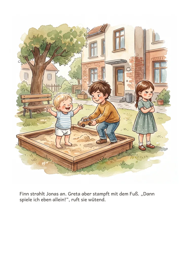 Finn strahlt Jonas an. Greta aber stampft mit dem Fuß. „Dann spiele ich eben allein!“, ruft sie wütend.