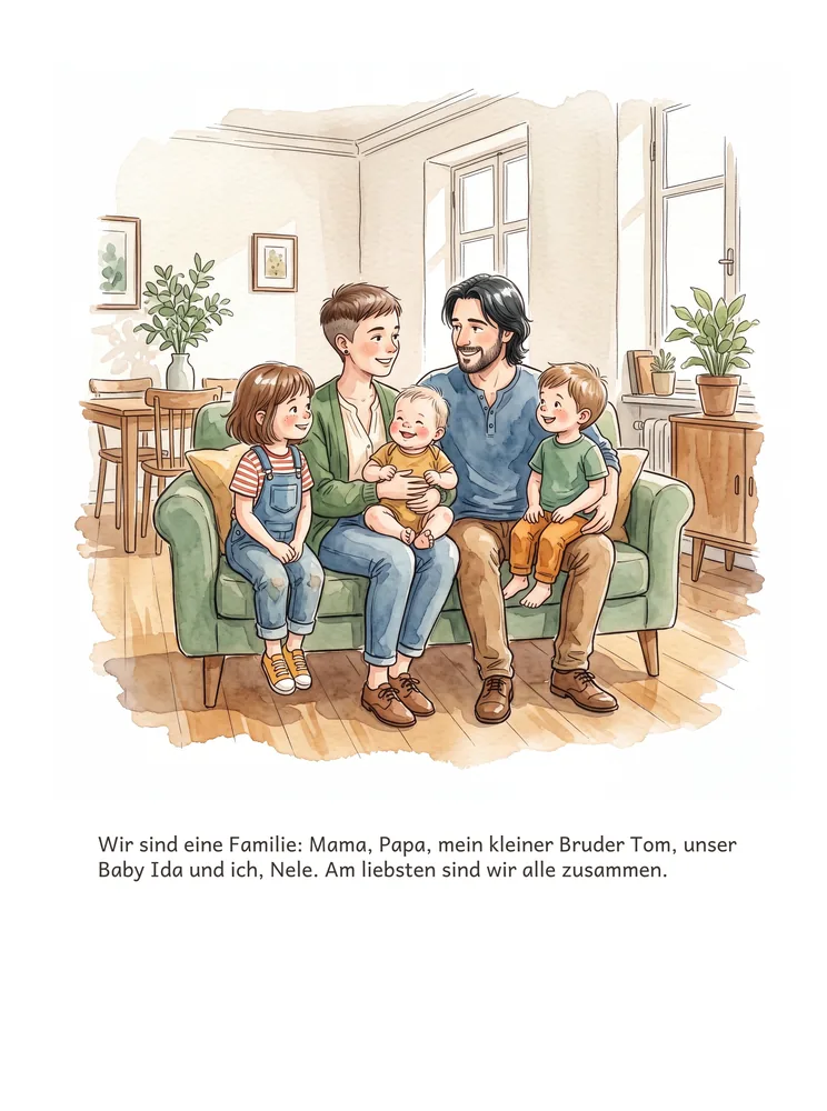 Wir sind eine Familie: Mama, Papa, mein kleiner Bruder Tom, unser Baby Ida und ich, Nele. Am liebsten sind wir alle zusammen.