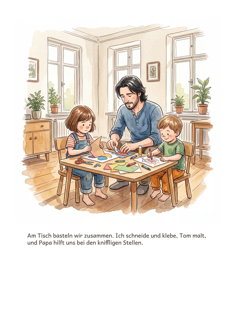 Am Tisch basteln wir zusammen. Ich schneide und klebe, Tom malt, und Papa hilft uns bei den kniffligen Stellen.