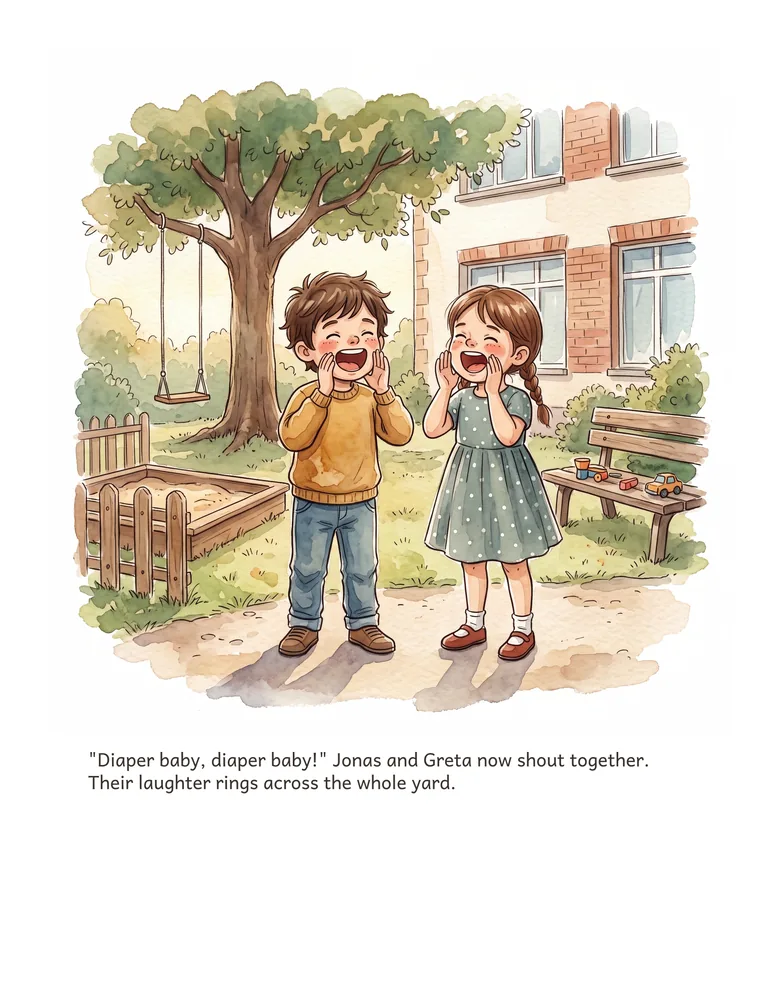 "Diaper baby, diaper baby!" Jonas and Greta now shout together. Their laughter rings across the whole yard.