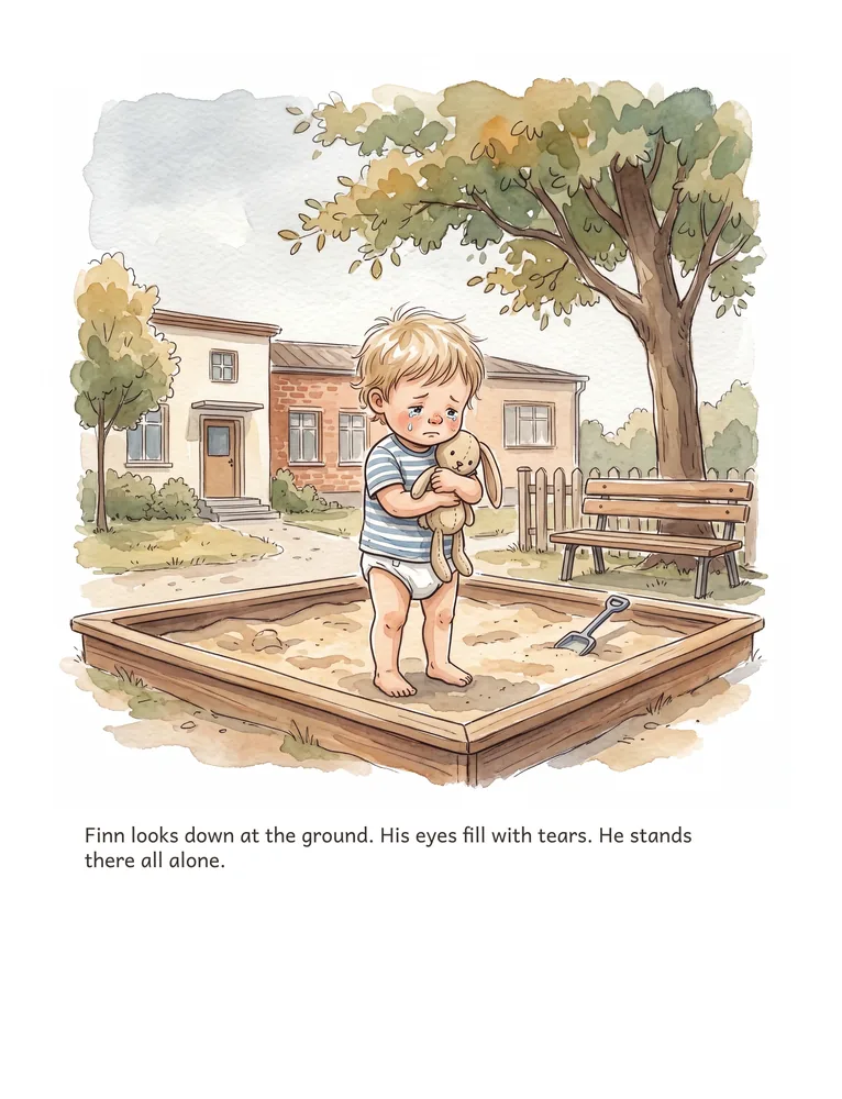 Finn looks down at the ground. His eyes fill with tears. He stands there all alone.