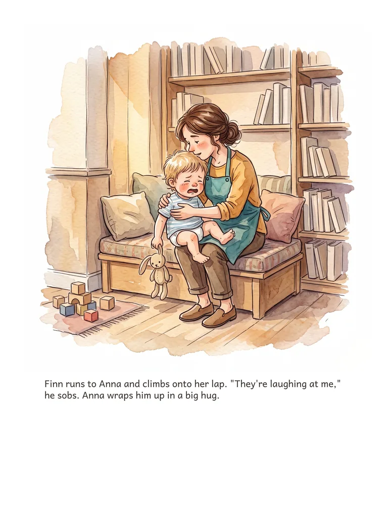 Finn runs to Anna and climbs onto her lap. "They're laughing at me," he sobs. Anna wraps him up in a big hug.
