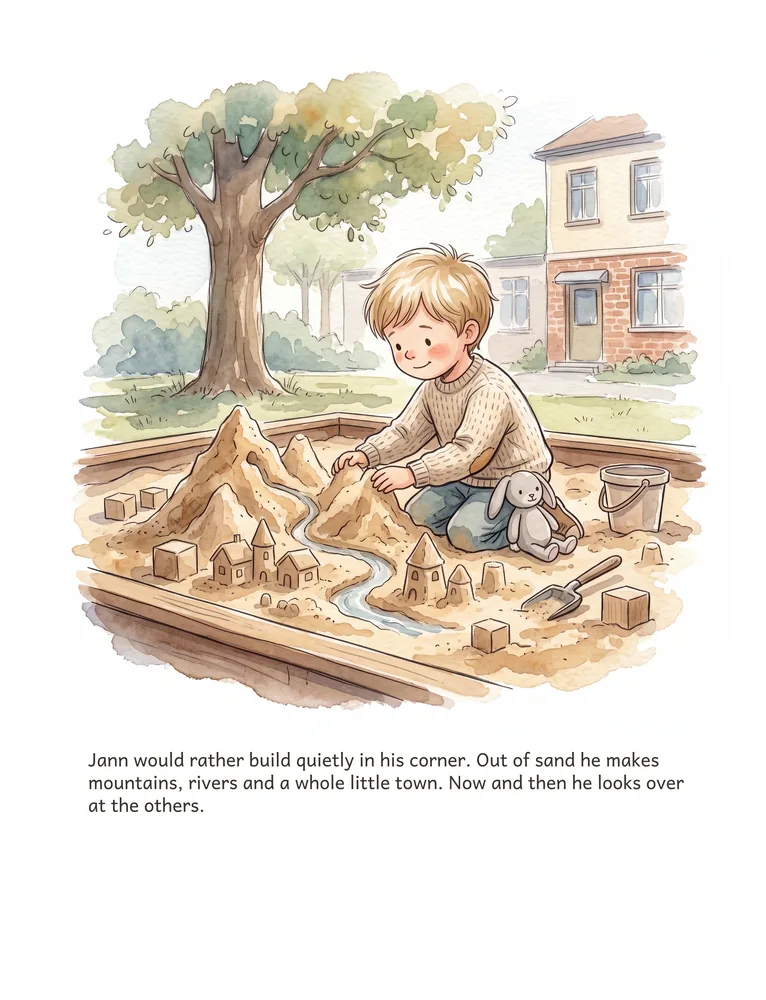 Jann would rather build quietly in his corner. Out of sand he makes mountains, rivers and a whole little town. Now and then he looks over at the others.