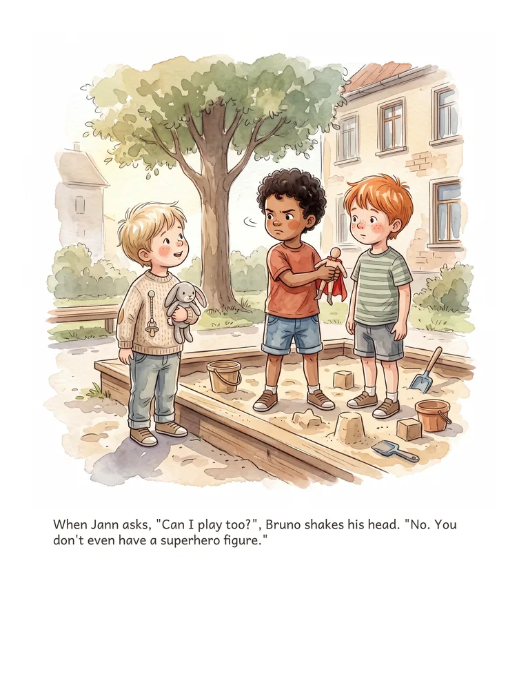 When Jann asks, "Can I play too?", Bruno shakes his head. "No. You don't even have a superhero figure."