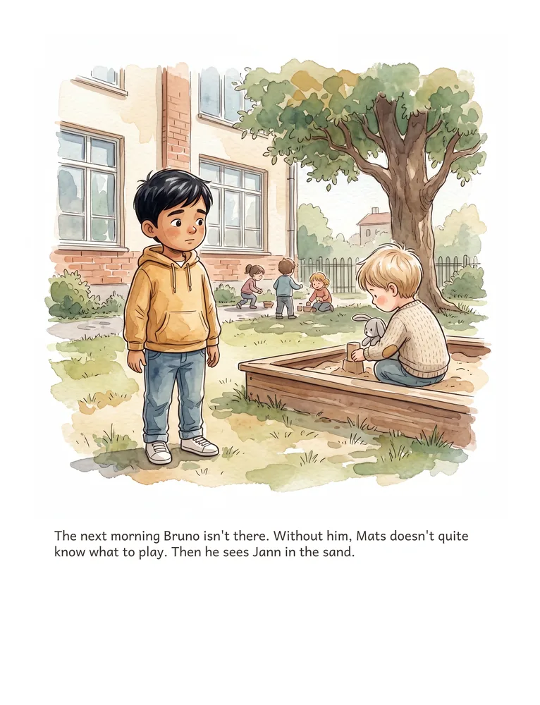 The next morning Bruno isn't there. Without him, Mats doesn't quite know what to play. Then he sees Jann in the sand.