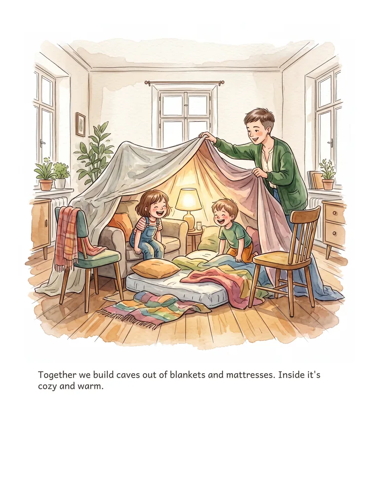 Together we build caves out of blankets and mattresses. Inside it's cozy and warm.