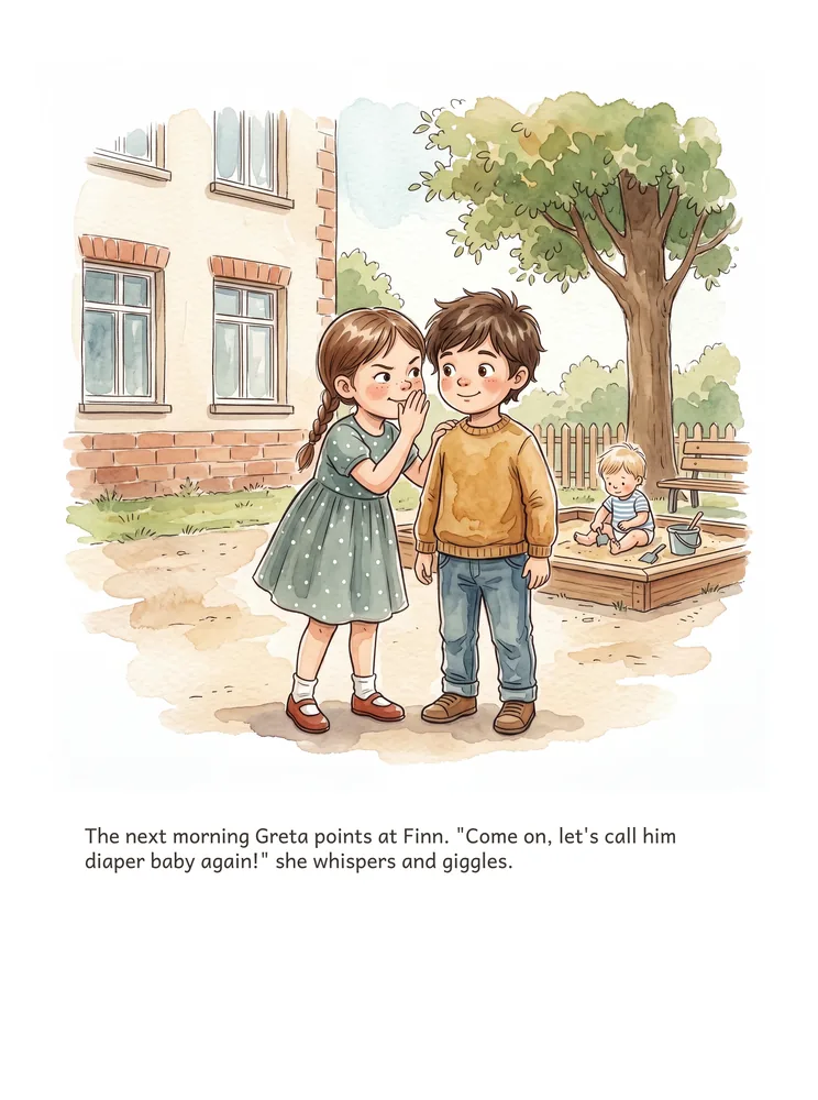 The next morning Greta points at Finn. "Come on, let's call him diaper baby again!" she whispers and giggles.
