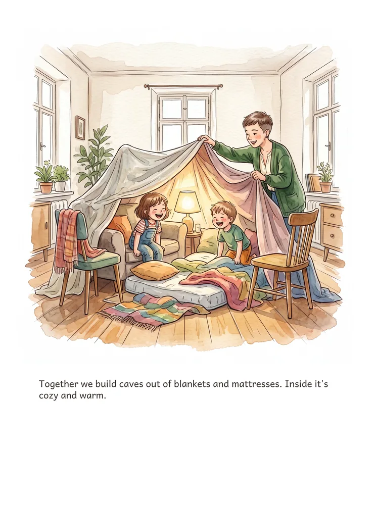 Together we build caves out of blankets and mattresses. Inside it's cozy and warm.