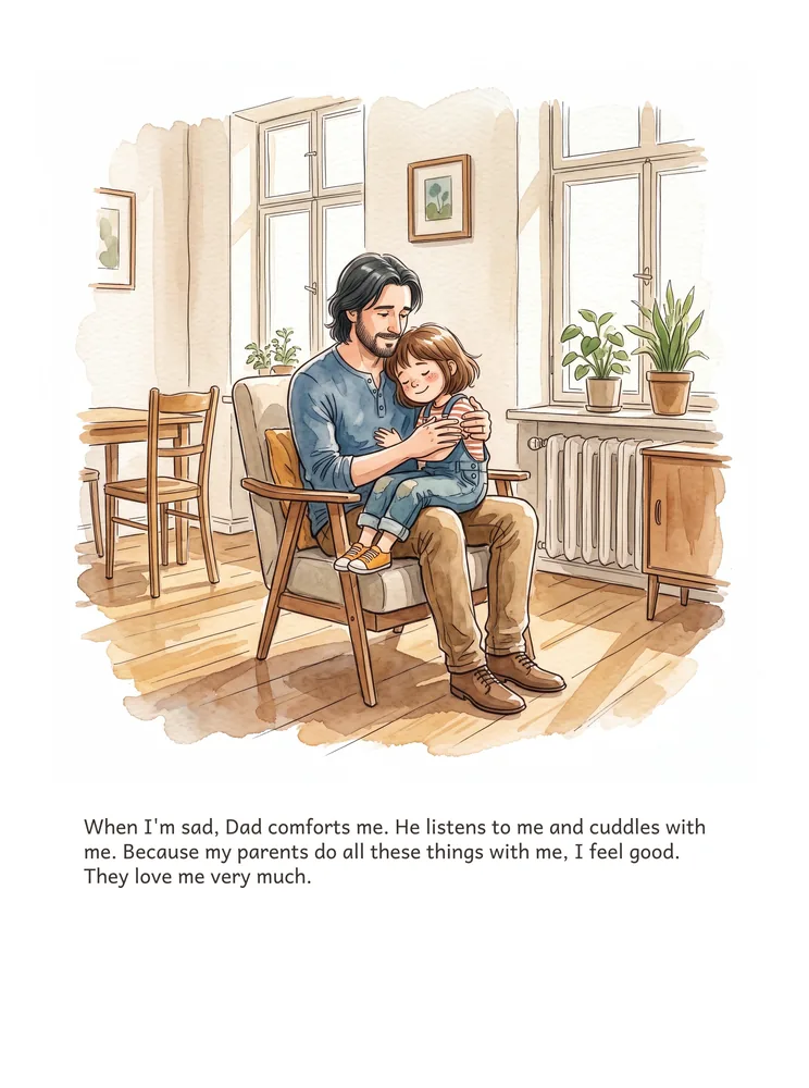 When I'm sad, Dad comforts me. He listens to me and cuddles with me. Because my parents do all these things with me, I feel good. They love me very much.