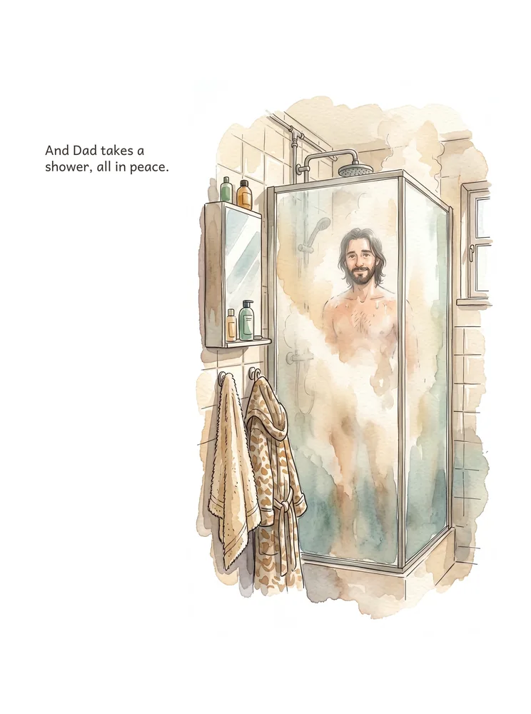 And Dad takes a shower, all in peace.
